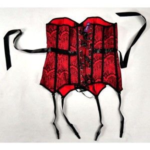 Adore Me Corset Red Black Bustier Lace Up Boned with Garters Womens XL New